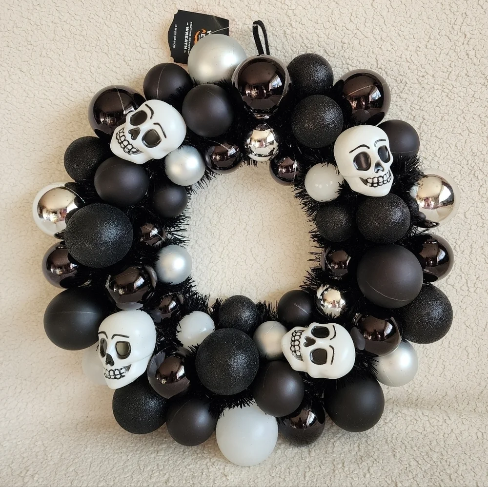 New Target 16in Halloween wreath with skulls black and white', shatterproof